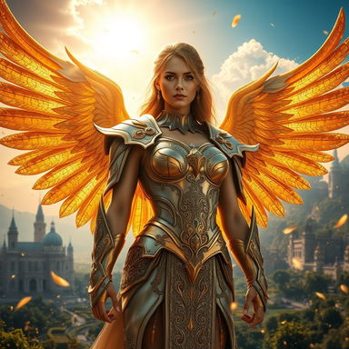 A captivating woman warrior angel standing majestically in a beautiful kingdom