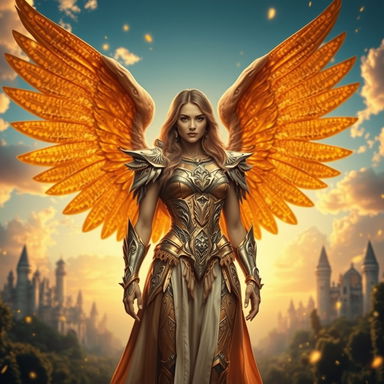 A captivating woman warrior angel standing majestically in a beautiful kingdom