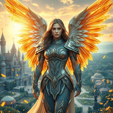A captivating woman warrior angel standing majestically in a beautiful kingdom