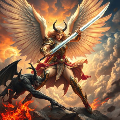 A powerful angel woman warrior engaged in an epic battle, striking down a menacing devil