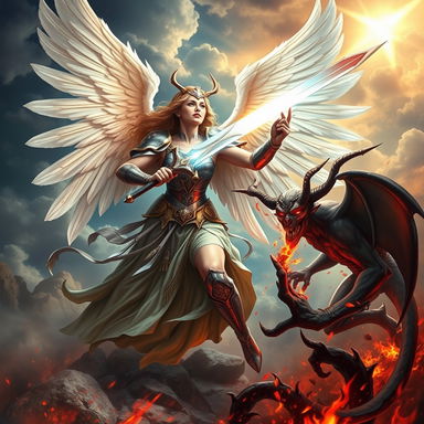 A powerful angel woman warrior engaged in an epic battle, striking down a menacing devil