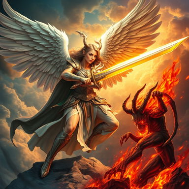 A powerful angel woman warrior engaged in an epic battle, striking down a menacing devil