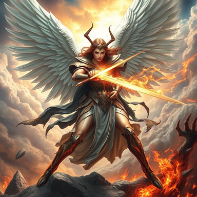 A powerful angel woman warrior engaged in an epic battle, striking down a menacing devil
