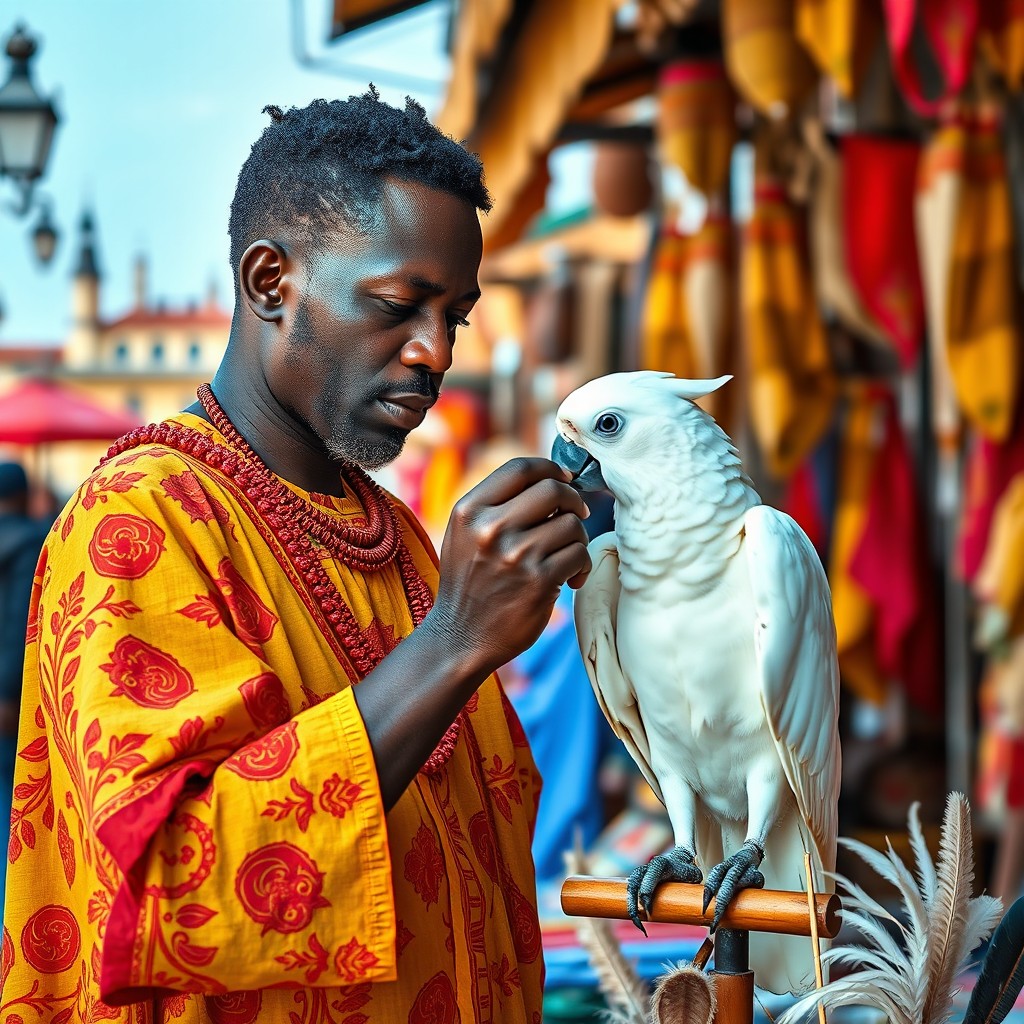 An artistic scene depicting an African black man painting a white parrot in vibrant red and yellow colors