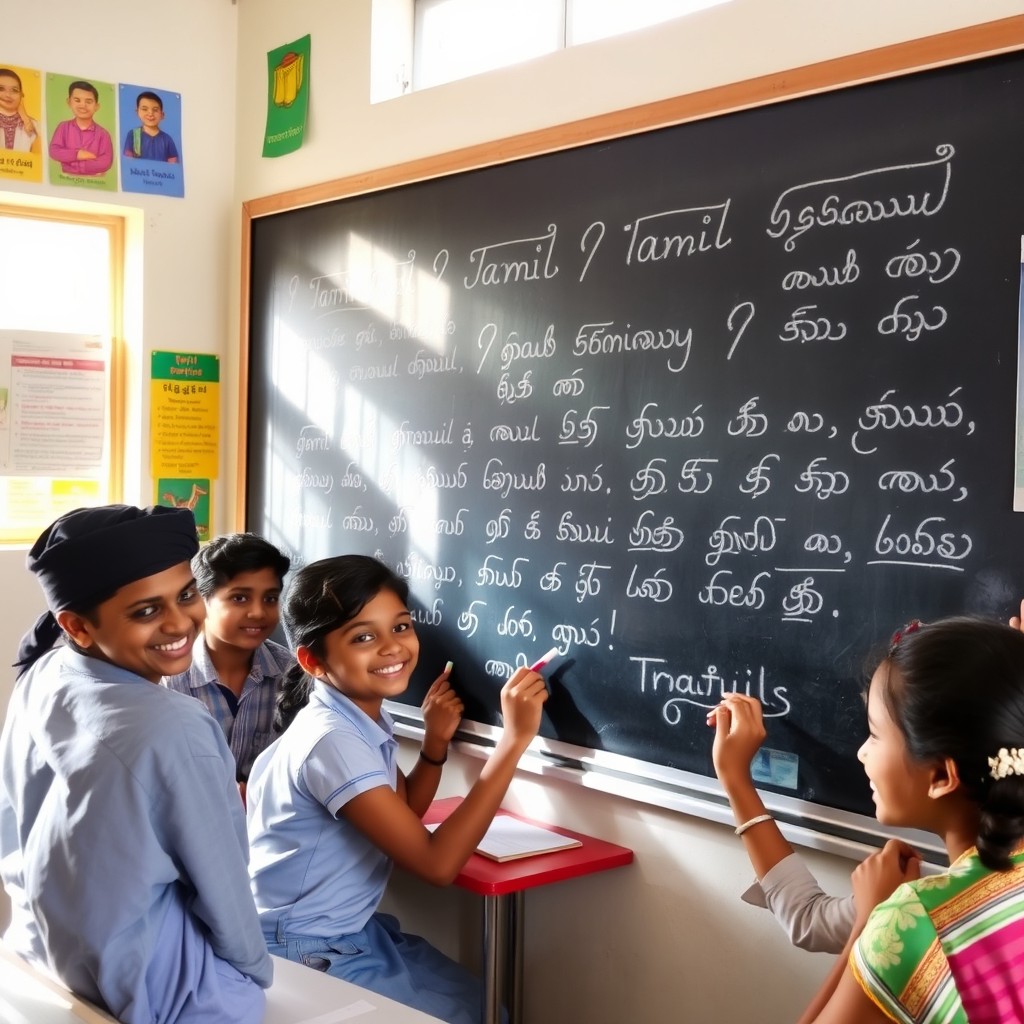 A classroom scene depicting students happily writing in Tamil on a blackboard