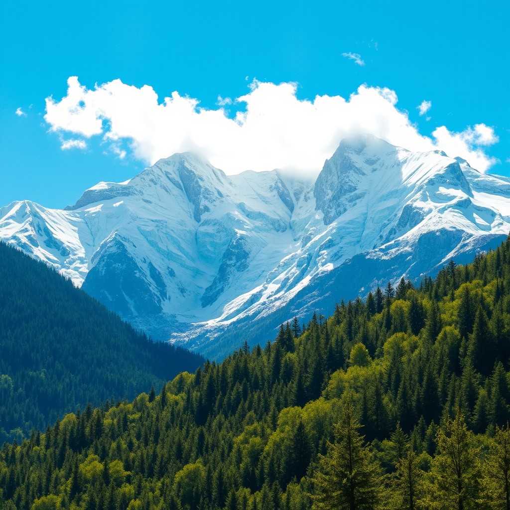 Majestic mountains made of pure ice tower against a bright blue sky, surrounded by a dense forest of lush, verdant trees that glisten with dew