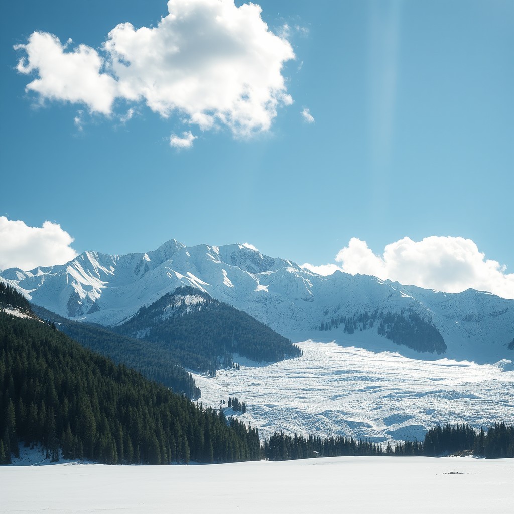 A breathtaking landscape of pure ice mountains shining in the sunlight, surrounded by a dense, lush forest