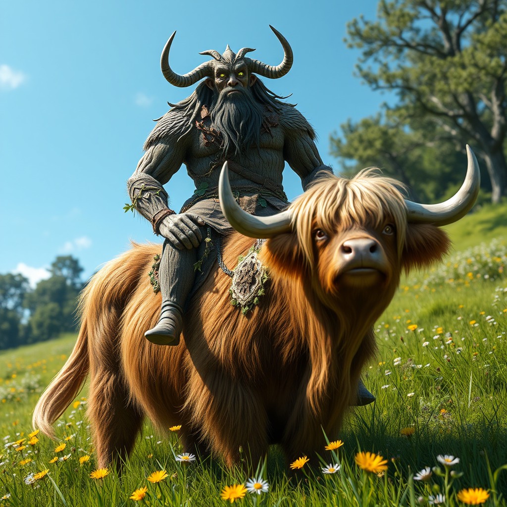 A firborg, a mythical creature blending features of a giant and a forest spirit, with intricate bark-like skin and glowing green eyes, riding atop a large and sturdy Highland cow with fluffy, long hair and impressive curved horns