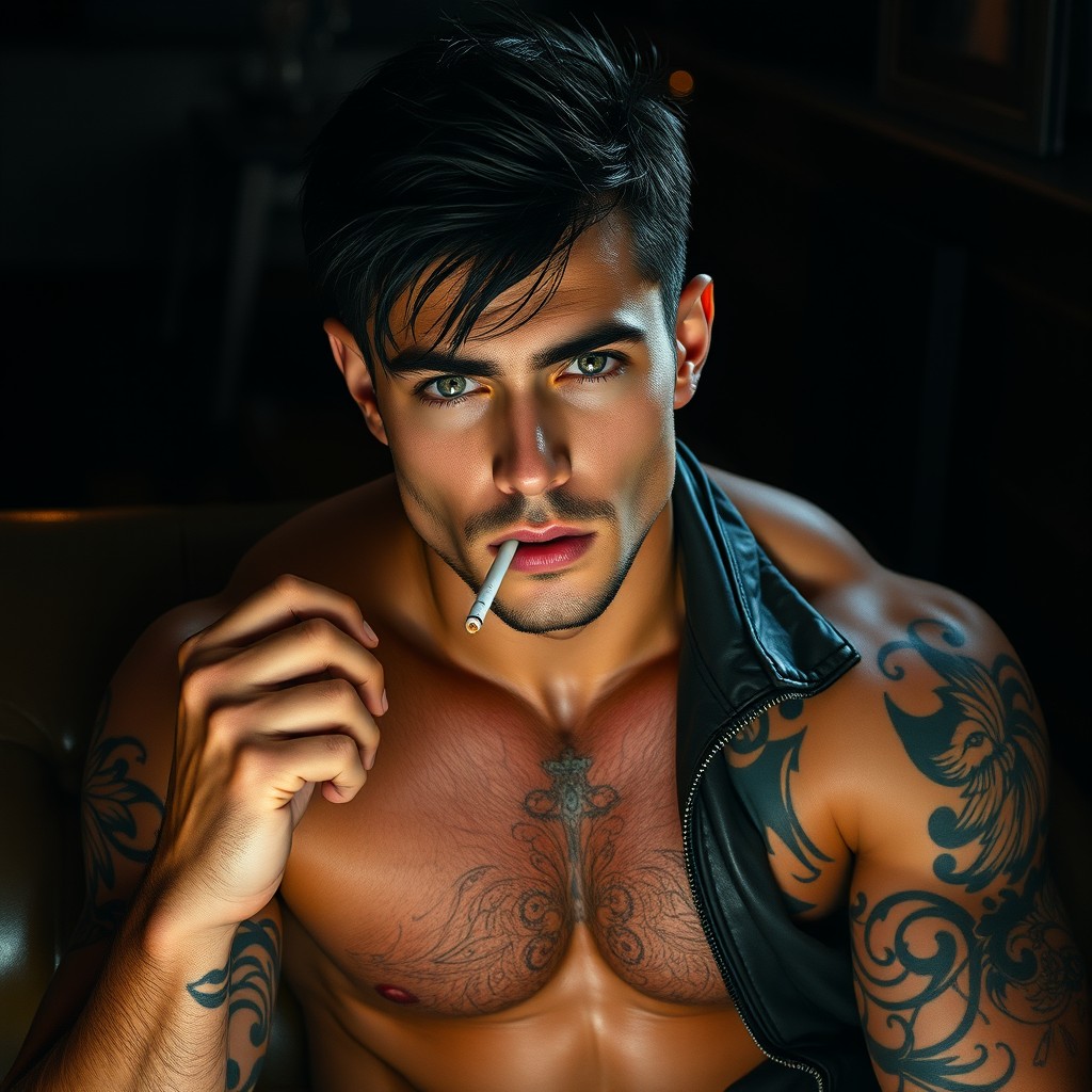 A muscular man with black hair and strikingly light green eyes, exhibiting delicate yet contrasting features