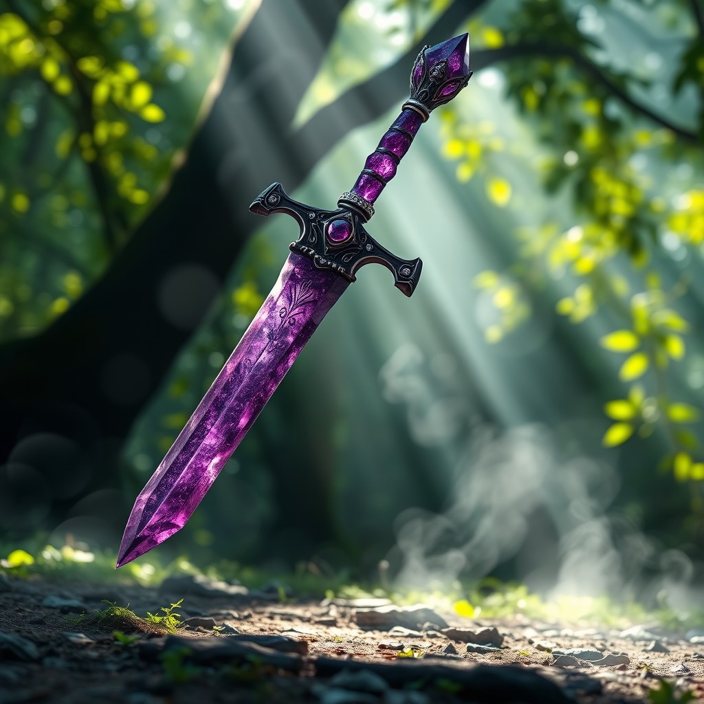 A stunning amethyst sword, glimmering with shades of deep purple and violet, the blade elegantly crafted with intricate engravings that glisten as light refracts through the gemstone