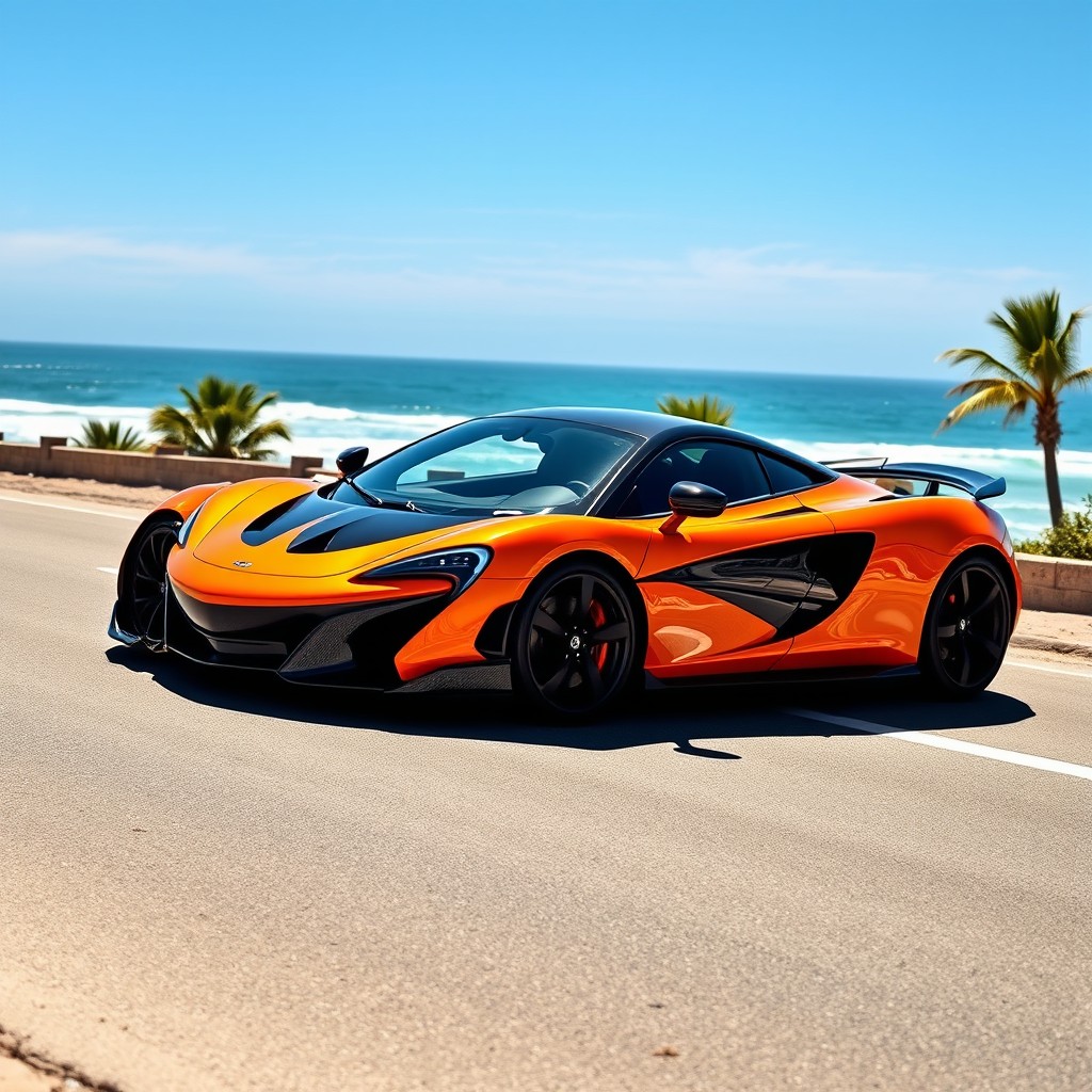 A stunning McLaren sports car, showcasing its sleek, aerodynamic design with a vibrant orange and black color scheme