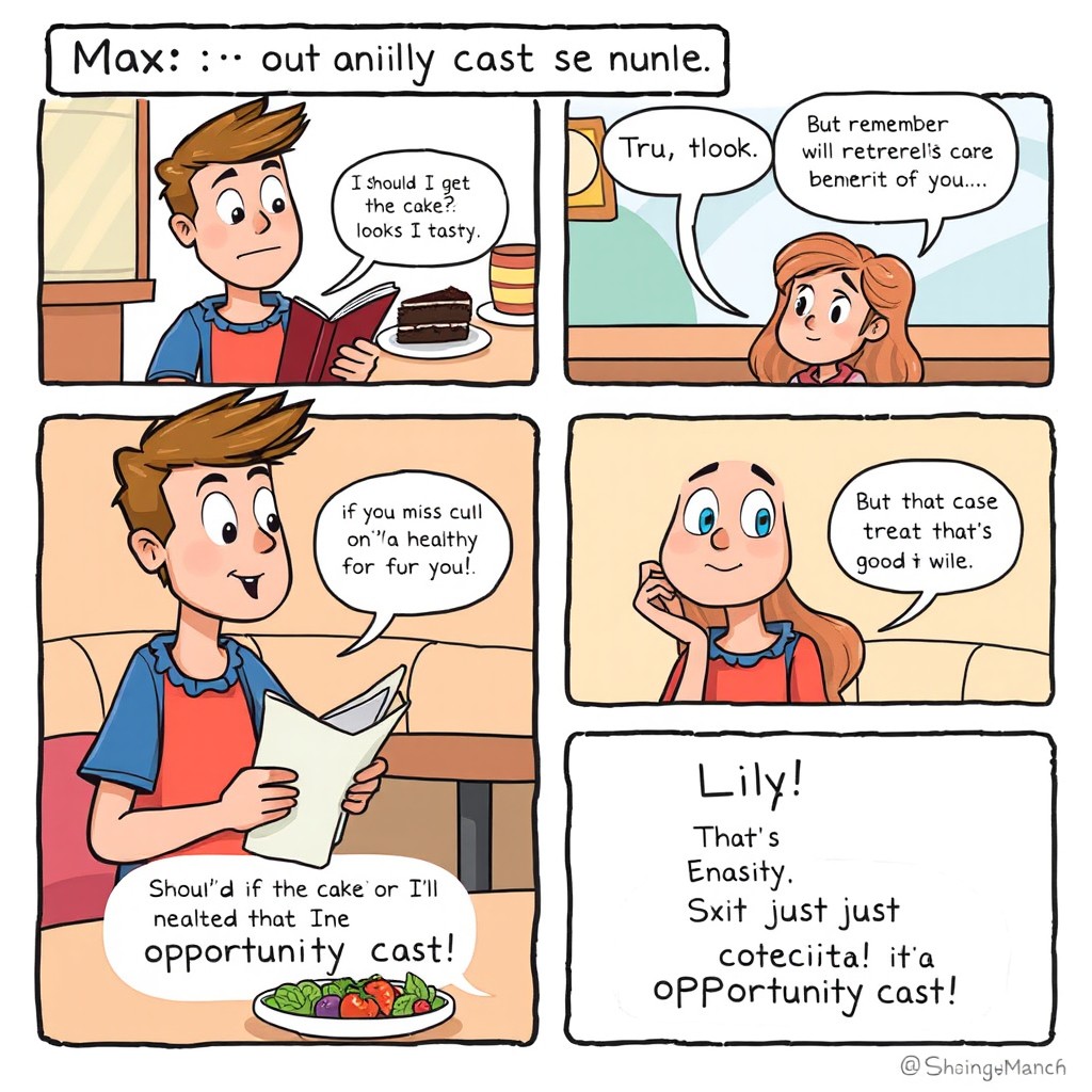 A comic strip featuring a dialogue between two friends, Max and Lily, discussing opportunity cost while they are out at a café