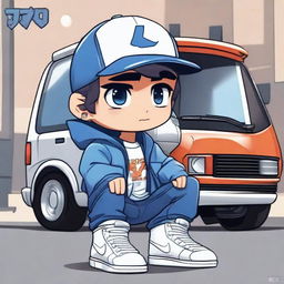 A chibi-style male Arabian character dressed in a blue jeans jacket, jean pants, a white T-shirt with the text 'TBM', and Nike shoes. He wears a snapback with an 'LV' logo, has tiny black eyes, and is sitting on a double cabin car in a car workshop setting. There's a name 'RENDY' displayed prominently.