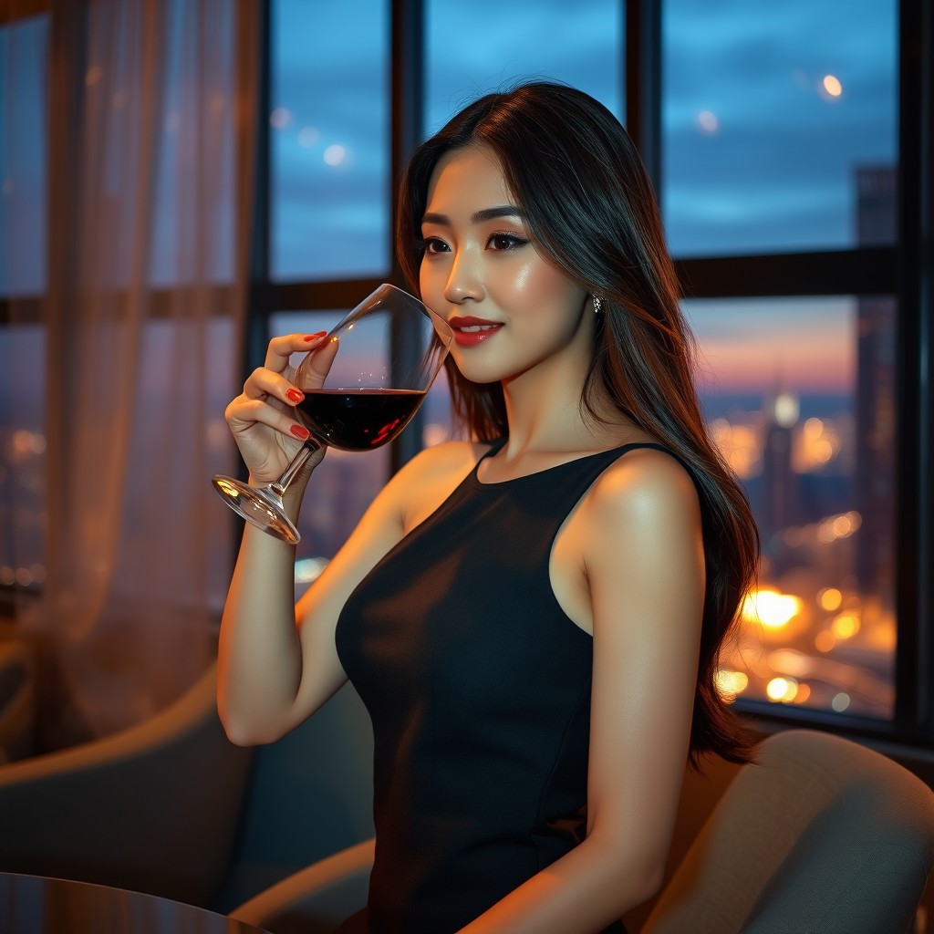 A beautiful scene of a captivating Asian woman resembling a popular actress, gracefully sipping red wine in an elegantly decorated room