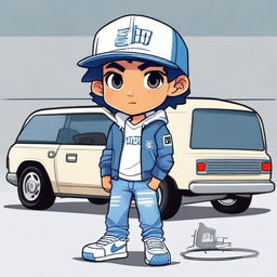 A chibi-style male Arabian character dressed in a blue jeans jacket, jean pants, a white T-shirt with the text 'TBM', and Nike shoes. He wears a snapback with an 'LV' logo, has tiny black eyes, and is sitting on a double cabin car in a car workshop setting. There's a name 'RENDY' displayed prominently.