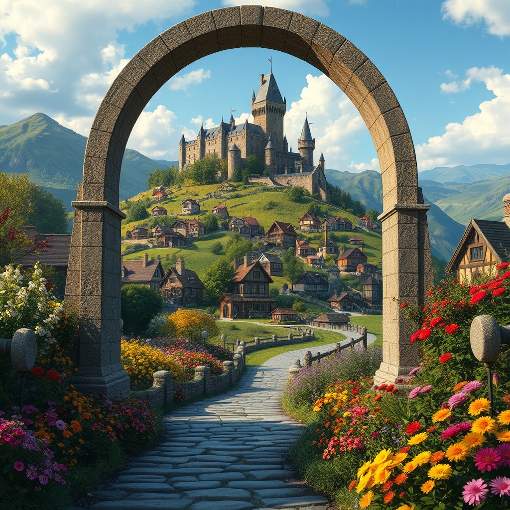 In Middle-earth, a beautiful scene filled with an abundance of colorful flowers and lush vegetation, showcasing a grand archway as the entry door