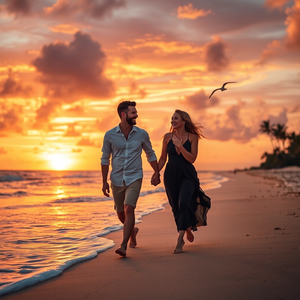 A romantic couple walking hand in hand on a beautiful sandy beach during sunset, with gentle waves lapping at their feet