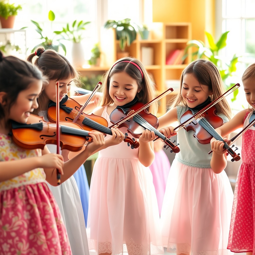 A group of young girls joyfully playing violins together in a bright, sunlit room