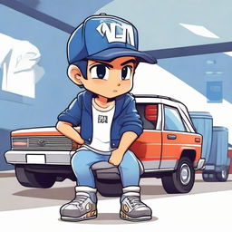 A chibi-style male Arabian character dressed in a blue jeans jacket, jean pants, a white T-shirt with the text 'TBM', and Nike shoes. He wears a snapback with an 'LV' logo, has tiny black eyes, and is sitting on a double cabin car in a car workshop setting. There's a name 'RENDY' displayed prominently.