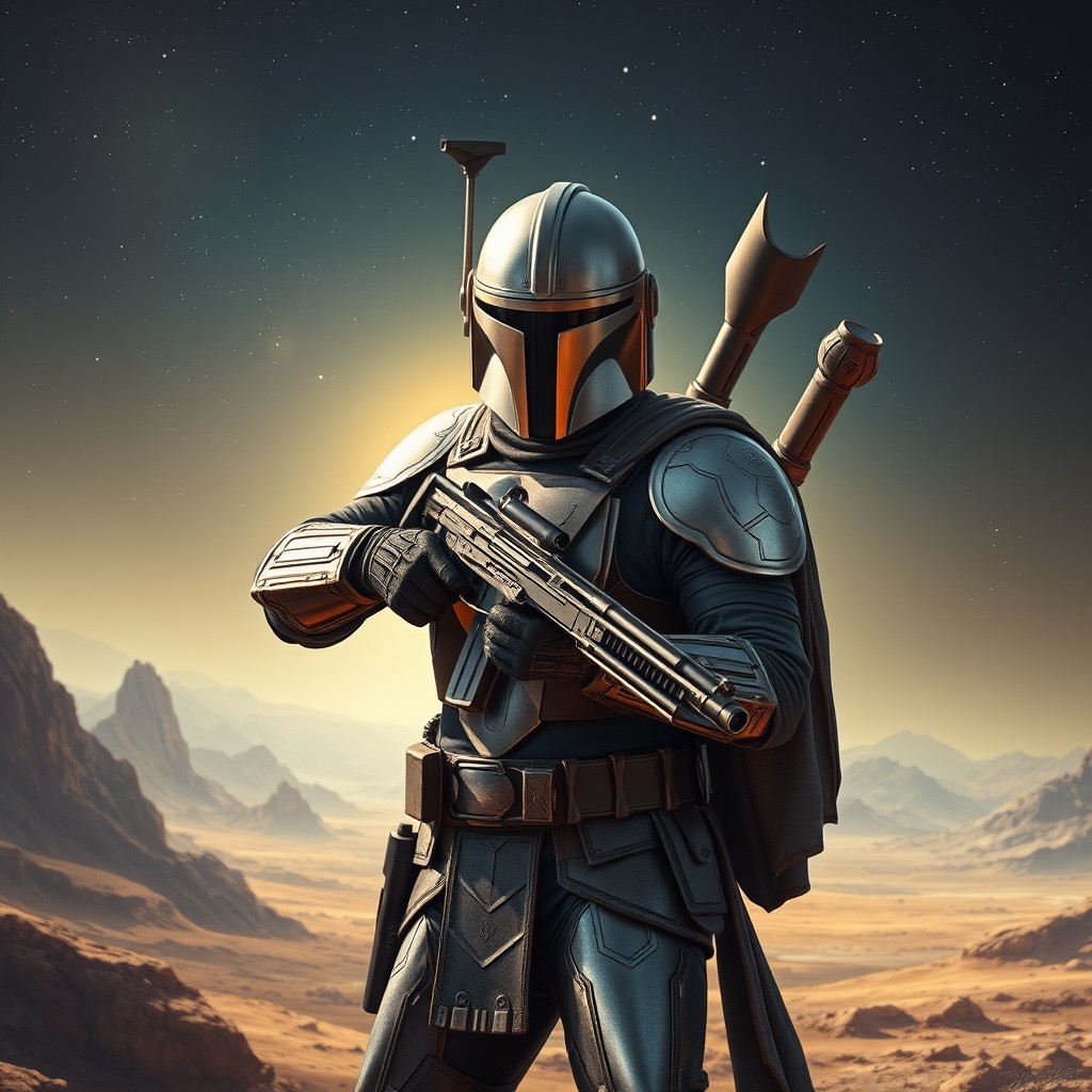 A highly detailed portrayal of a Mandalorian warrior in a striking pose, clad in polished beskar armor with intricate engravings, reflecting sunlight