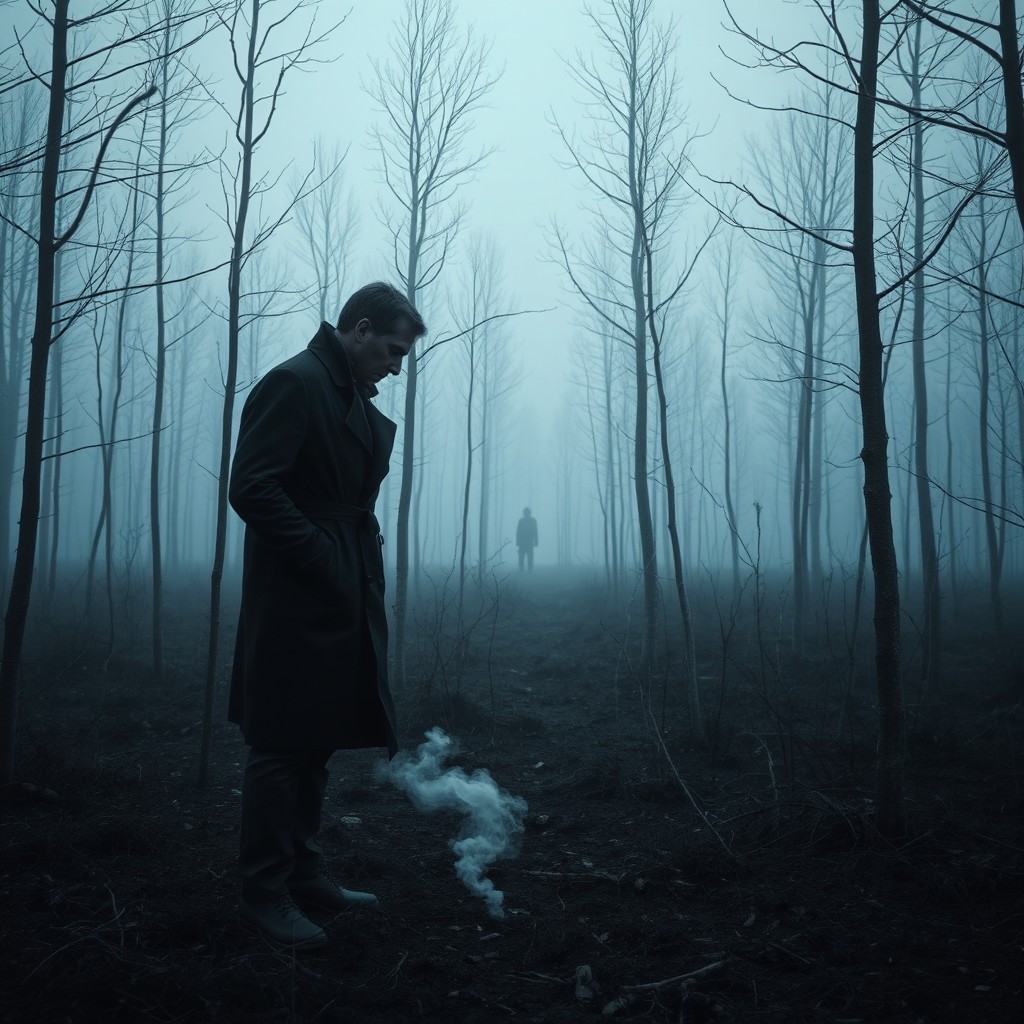 A chilling and atmospheric scene set in a Nordic landscape, featuring a foggy, desolate forest with bare, stark trees