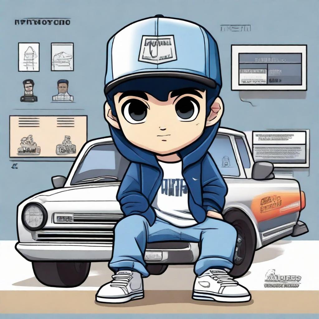 A chibi-style male Arabian character dressed in a blue jeans jacket, jean pants, a white T-shirt with the text 'TBM', and Nike shoes. He wears a snapback with an 'LV' logo, has tiny black eyes, and is sitting on a double cabin car in a car workshop setting. There's a name 'RENDY' displayed prominently.