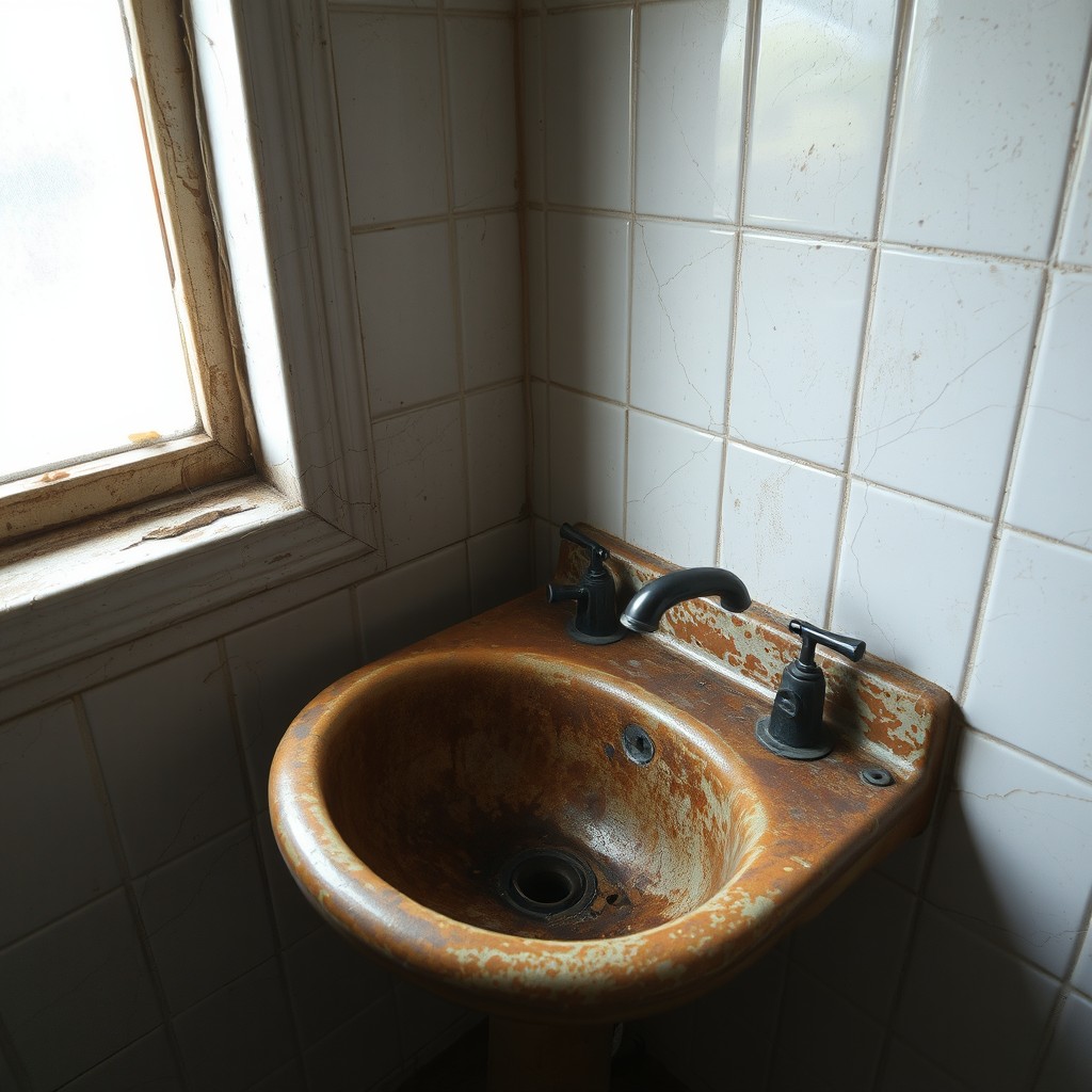 A dilapidated and shabby old sink in a bathroom known as "baneiro"