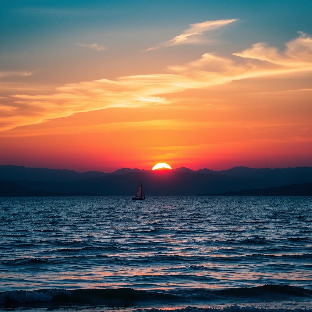 A breathtaking view of a serene horizon at sunset, featuring vibrant shades of orange, pink, and purple blending into a deep blue sky