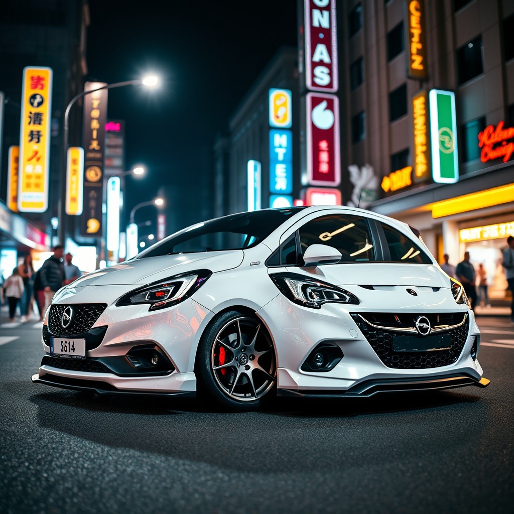 A stunning night scene featuring a modified white 2017 Opel Corsa E parked on a vibrant city street