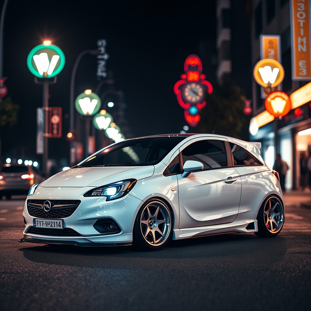 A striking night scene showcasing a modified white 2017 Opel Corsa E parked stylishly on a lively street