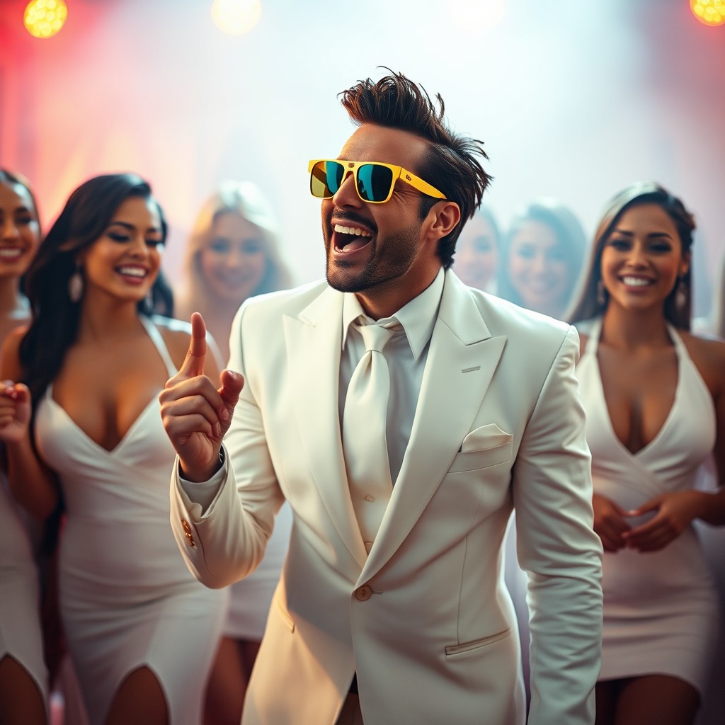 A billionaire man with styled hair, wearing yellow sunglasses, dressed in a white suit with a tie, singing joyfully in front of beautiful women also dressed in elegant white outfits