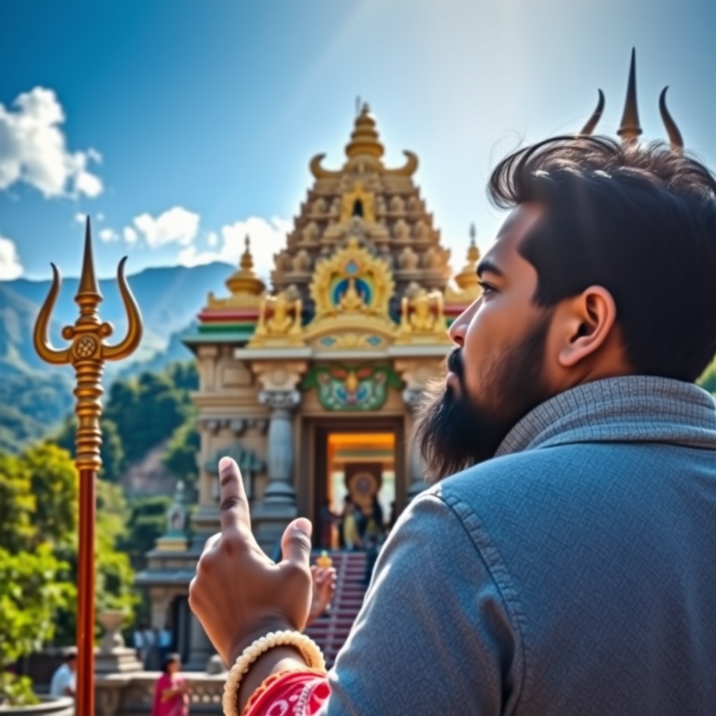 A visually stunning image depicting a majestic Hindu temple adorned with intricate carvings, colorful decorations, and surrounded by lush greenery