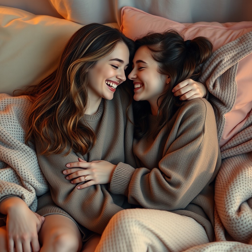 Two girls, close friends, engaging in an intimate and consensual moment of affection, radiating joy and connection