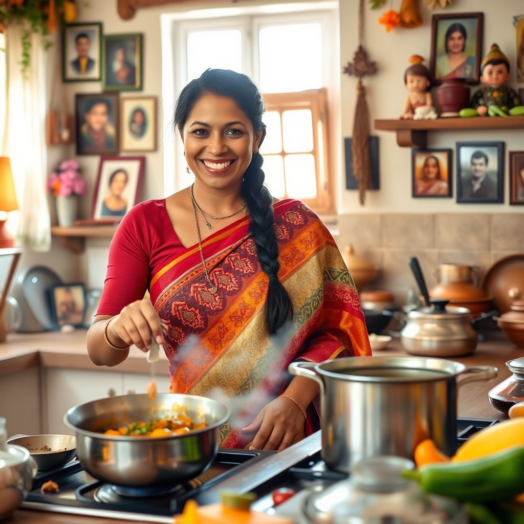 A warm and loving Indian mother cooking in a traditional kitchen