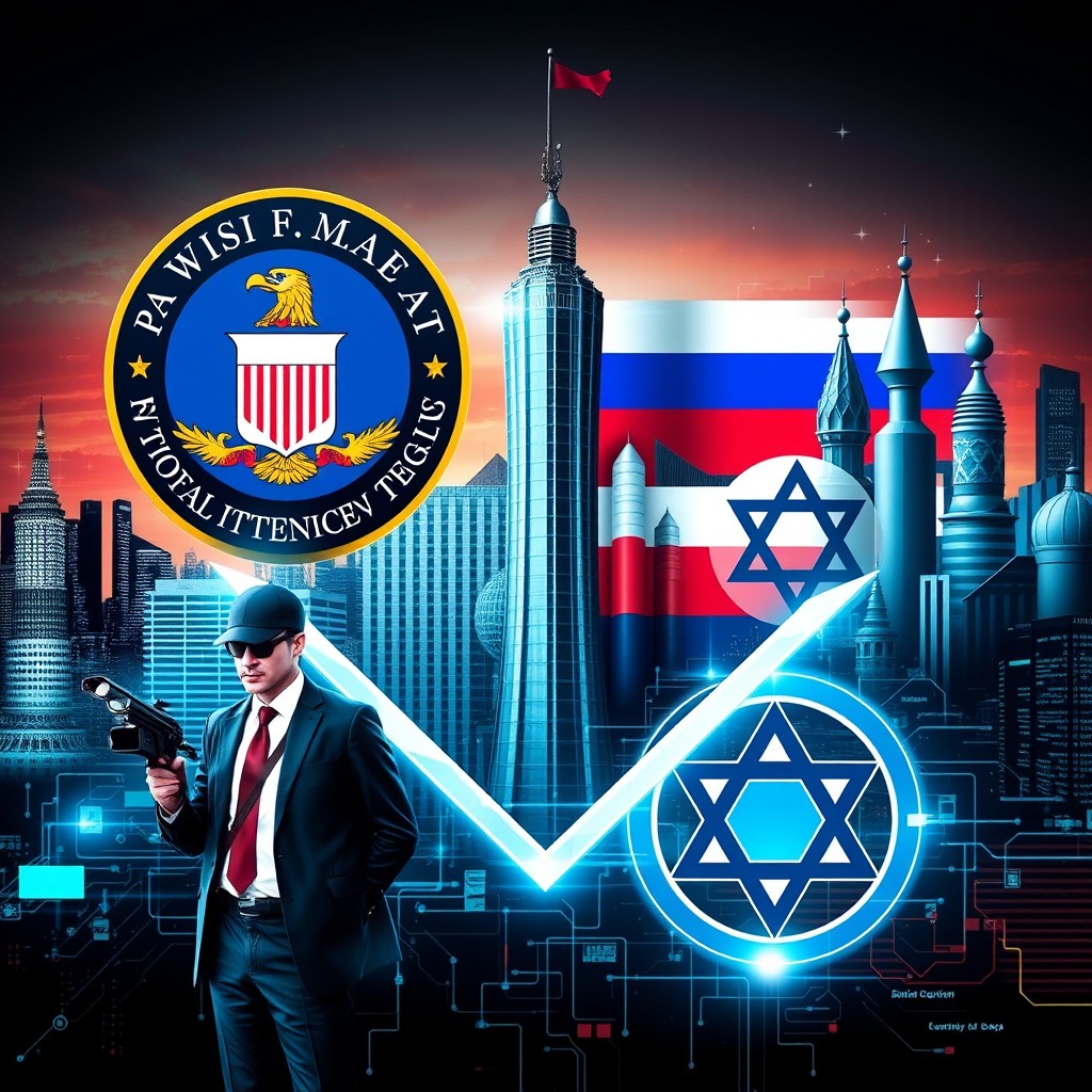 An artistic representation of various global intelligence agencies, featuring iconic elements associated with each organization