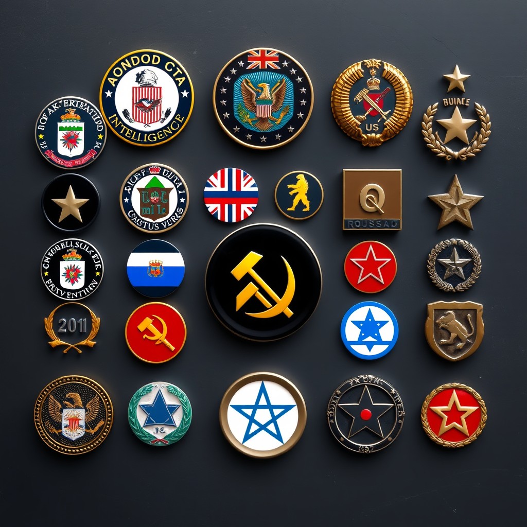 A collection of the emblems and insignias of various world intelligence agencies meticulously arranged in an artistic display