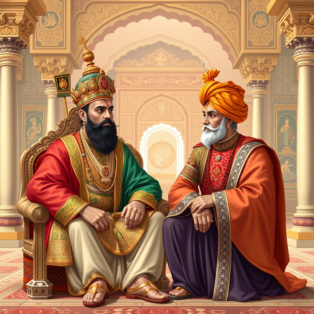 An artistic interpretation of Akbar and Birbal in traditional Mughal attire