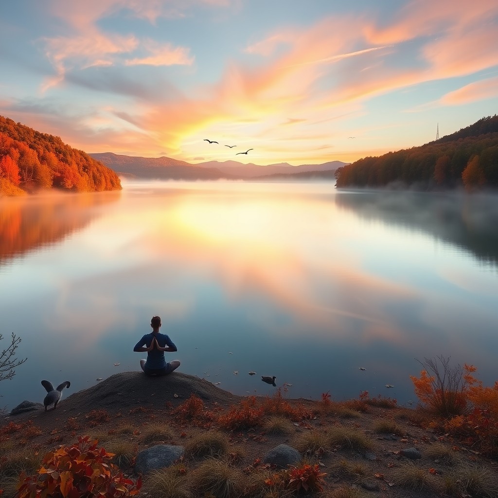 A serene landscape at sunrise over a calm lake, surrounded by vibrant autumn foliage