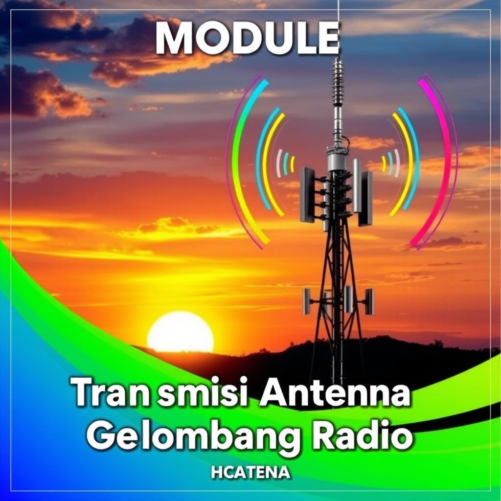 A vibrant educational cover for a module titled 'Transmisi Antena Gelombang Radio'