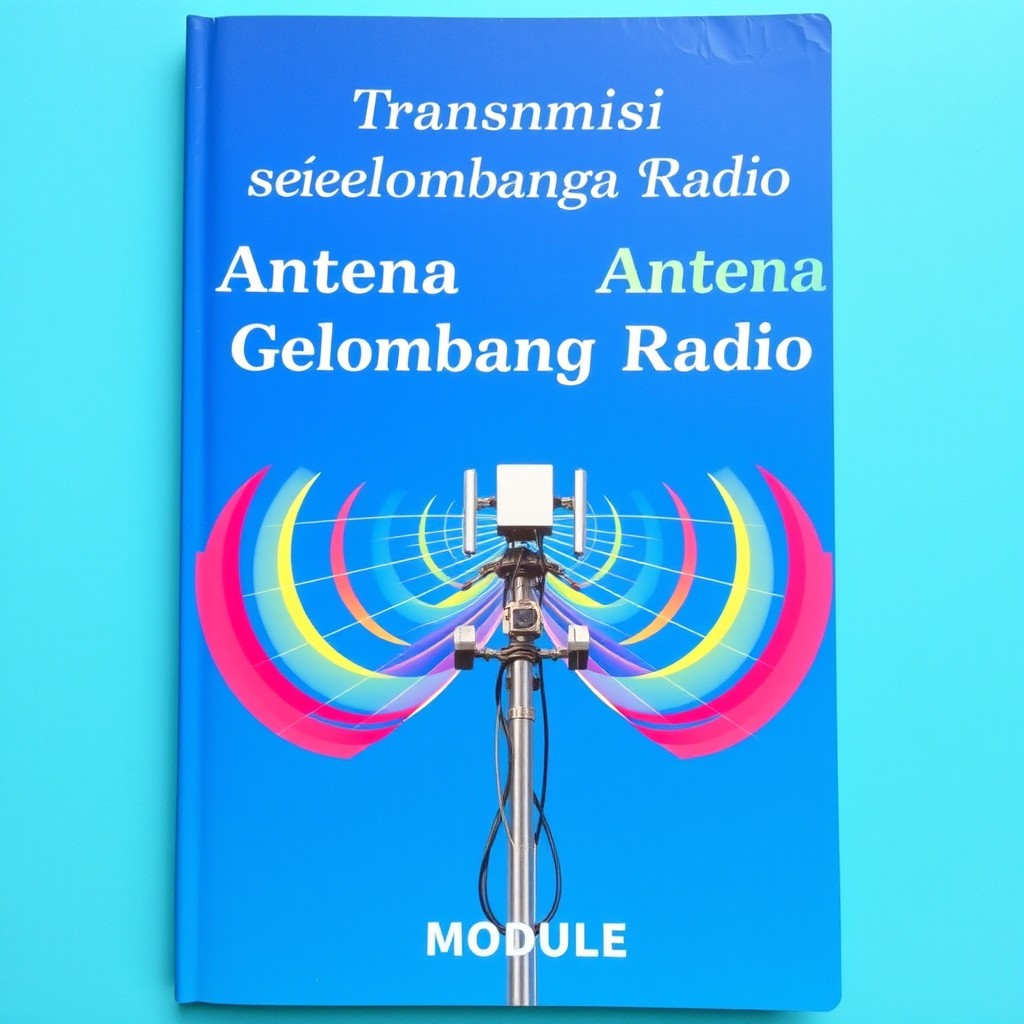 A captivating and educational cover for a module titled 'Transmisi Antena Gelombang Radio'
