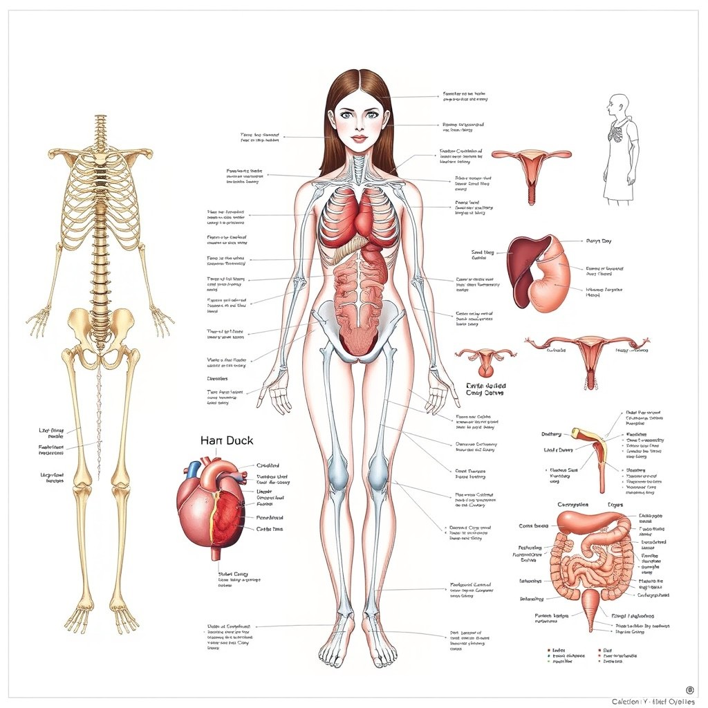 A detailed and educational illustration of female anatomy, showcasing the various systems of the body in a clear and informative manner