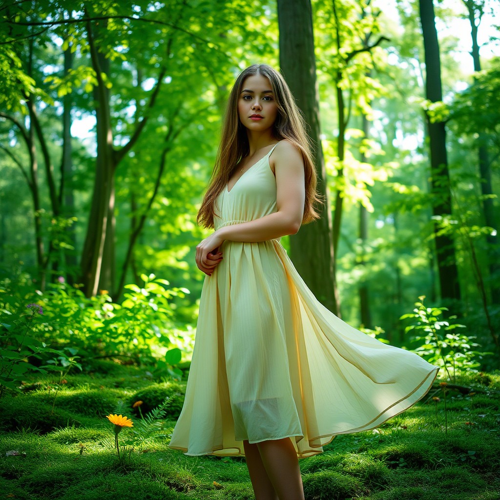 A young woman standing gracefully in a lush green forest, surrounded by tall trees and vibrant foliage, dappled sunlight filtering through the leaves, wearing a flowing dress that complements the natural colors of the surroundings