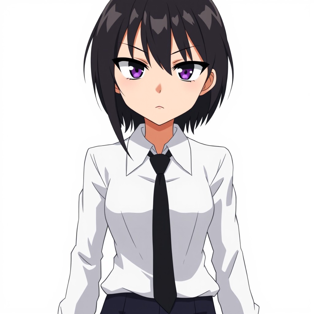 Anime girl with slightly long black hair, wearing a white, long-sleeved collared shirt paired with a sleek black tie and dark pants