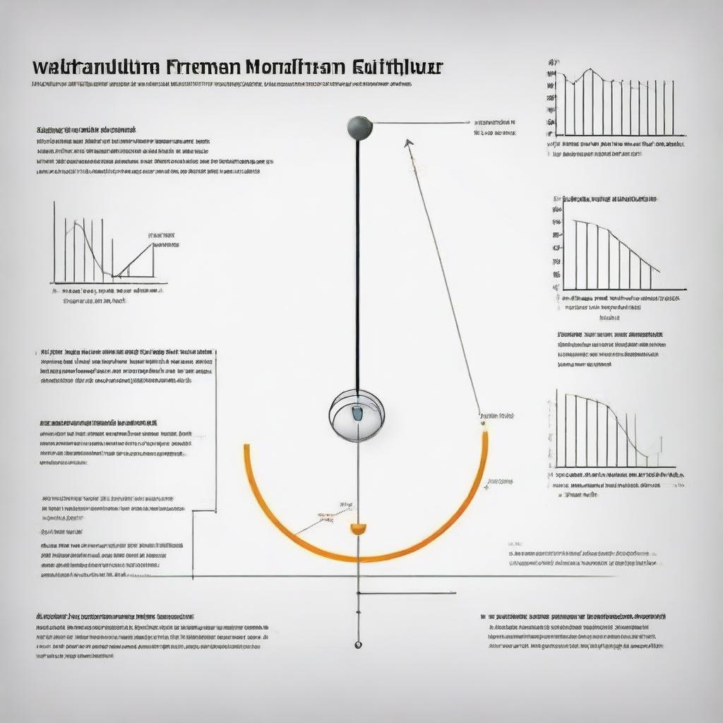 Illustrate an infographic showing a simple pendulum exhibiting simple harmonic motion with labelled diagram including amplitude, period, frequency and equilibrium position.
