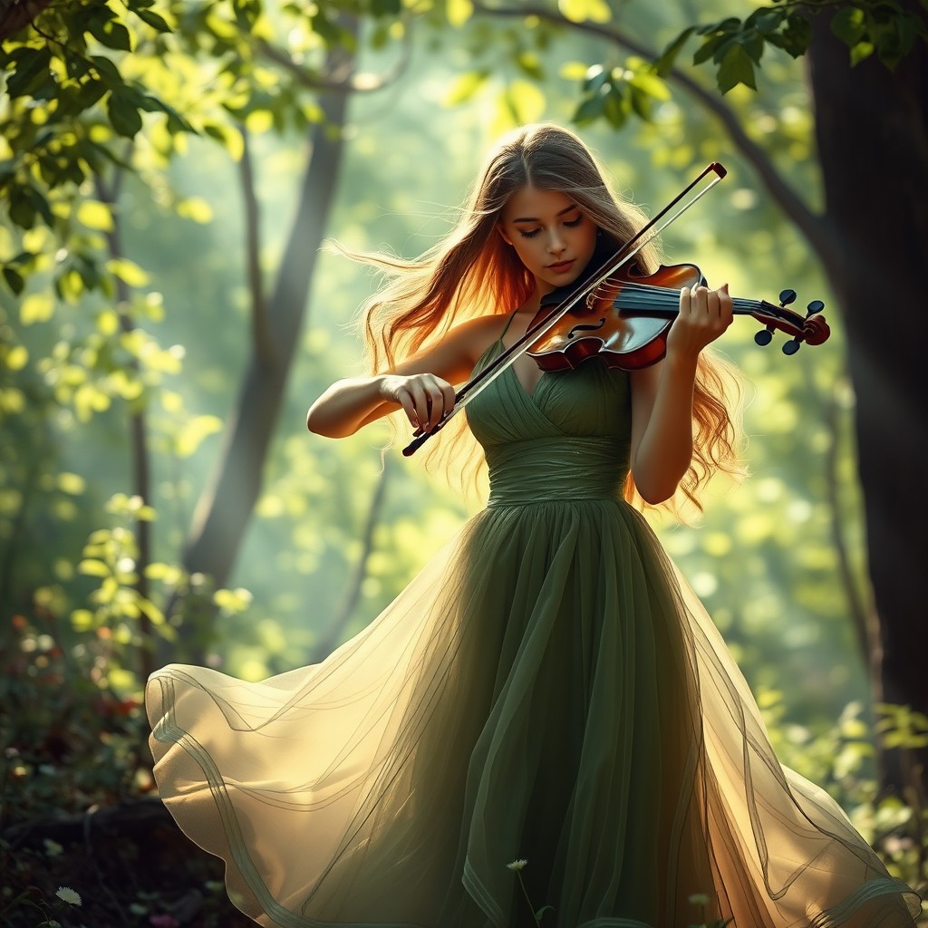 A young woman elegantly playing a violin in a serene, enchanting forest