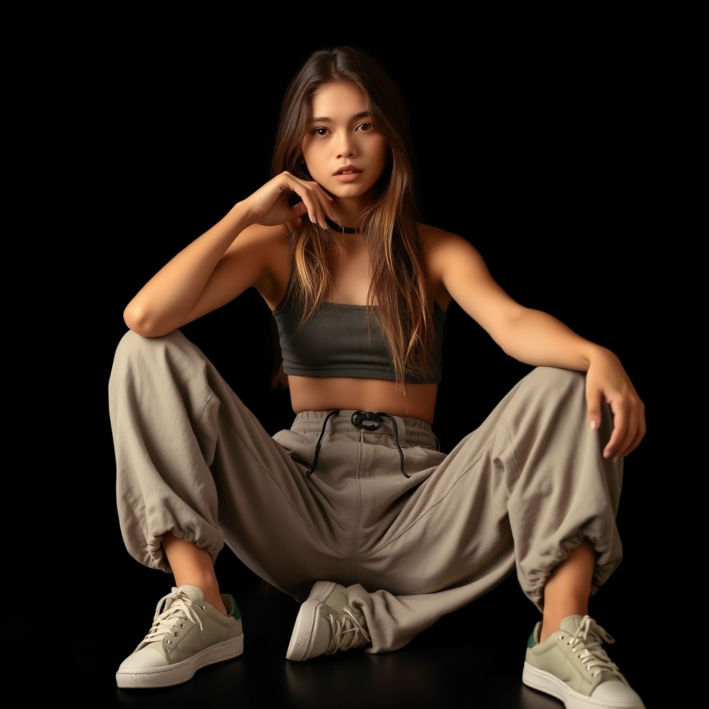 A very realistic image of a girl chilling on a black background