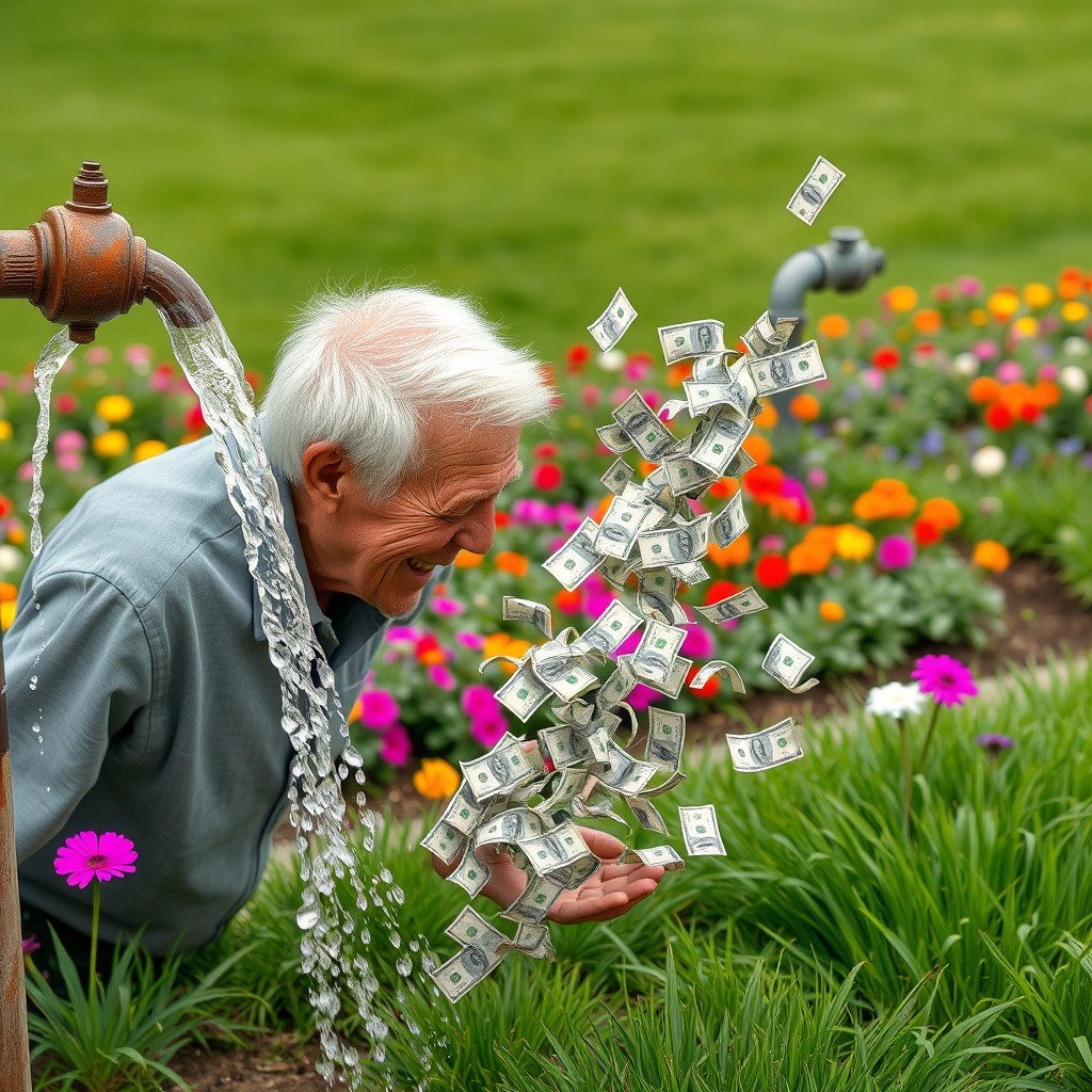 An elderly man with short white hair in a large area, featuring a garden and lush grass