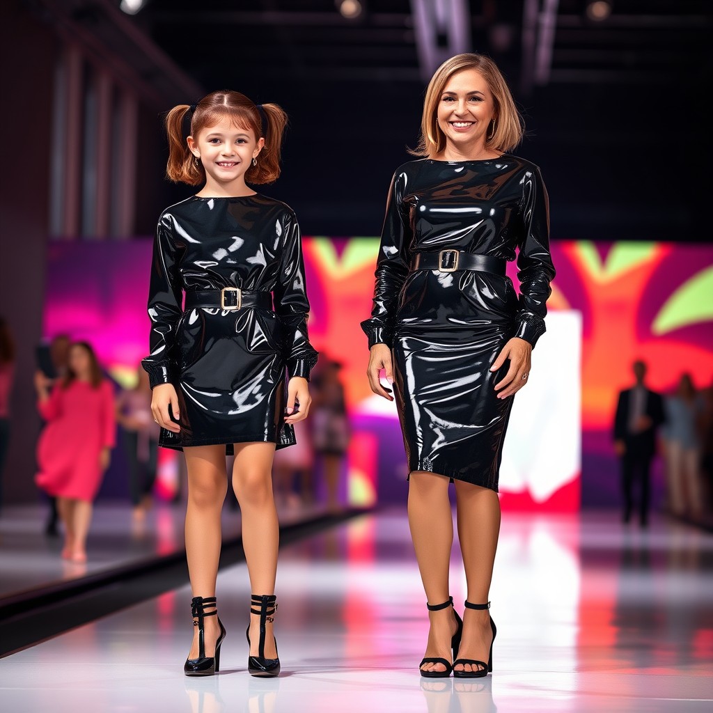 A fashionable scene featuring a 10-year-old girl with short pigtails, both wearing shiny black PVC dresses with long sleeves