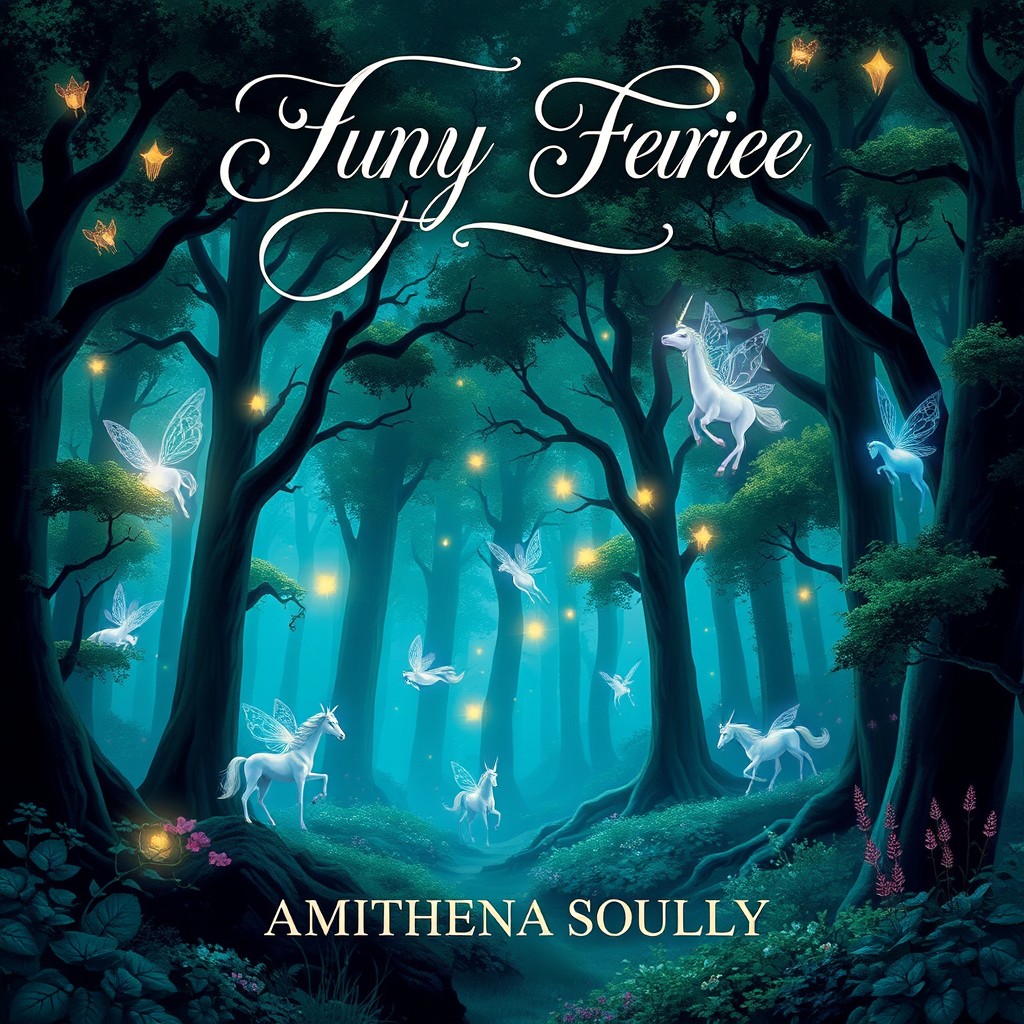 A captivating book cover featuring a mystical forest scene with enchanting creatures like fairies and unicorns