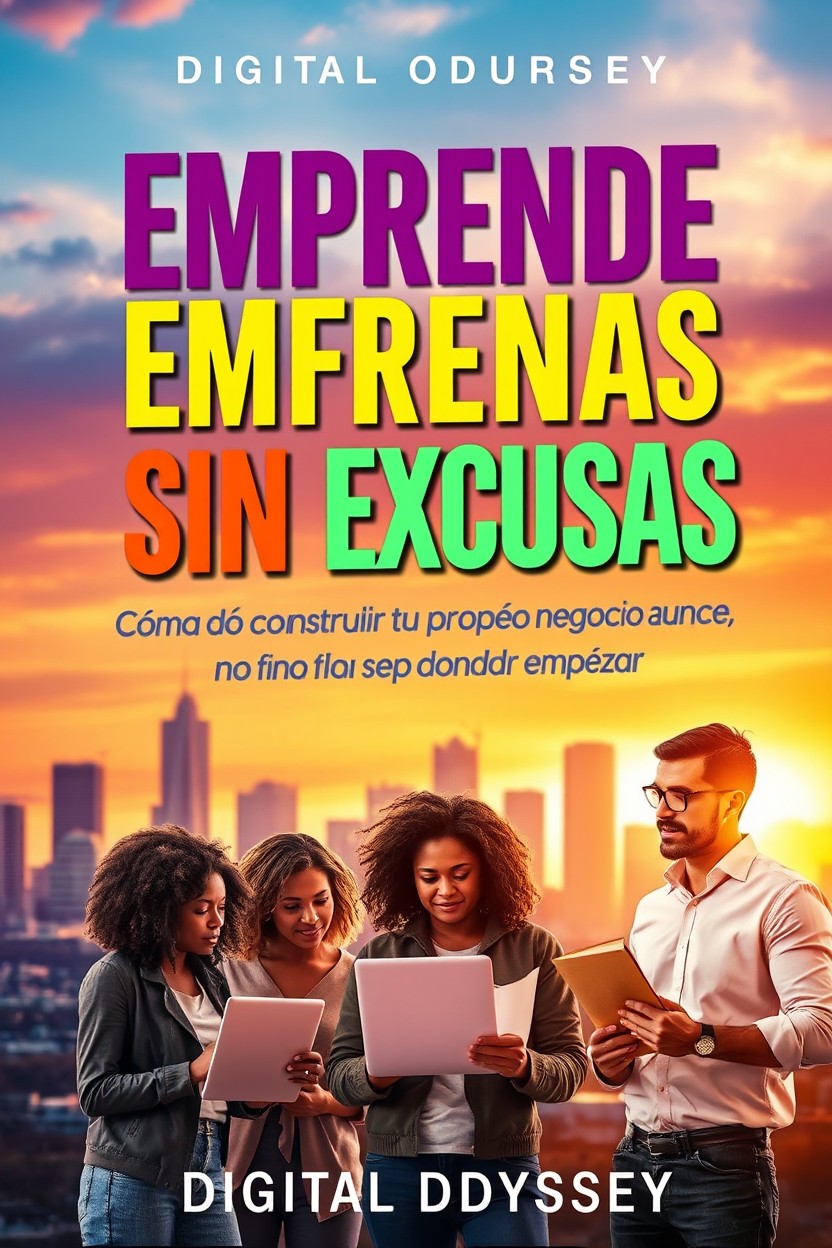 An ebook cover design for 'Emprende Sin Excusas: Cómo Construir Tu Propio Negocio Aunque No Sepas Por Dónde Empezar' by DIGITAL ODYSSEY